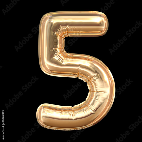 Golden Balloon Number 5 isolated on black background 