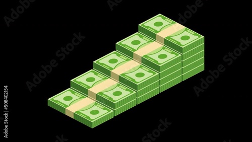 Money animated video element. Money transparent video icon png. Currency strap of banknotes are stacked in a large pile. Financial success and growth. Flat cartoon Animation Video template.