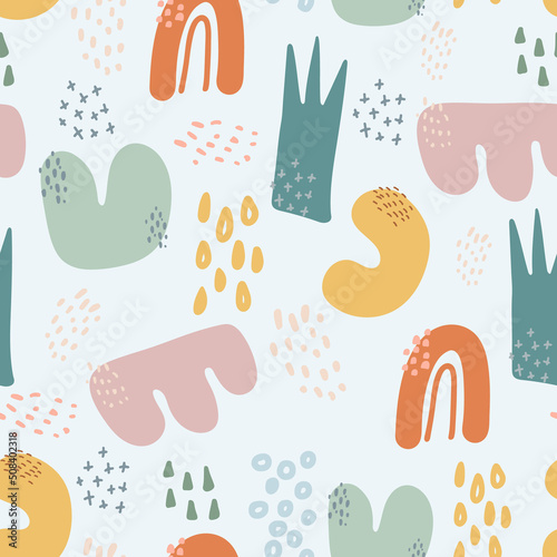.The seamless pattern is modern abstract with natural colorful shapes and blots. Fashion vector illustration in art nouveau and boho style