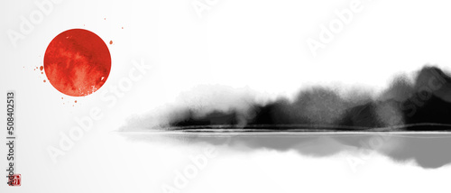 Ink painting of big red sun and misty island with forest trees reflecting in water. Traditional oriental ink painting sumi-e, u-sin, go-hua. Simple and clean minimalist style.Hieroglyph - clarity.