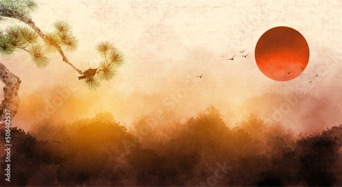 Misty landscape with pine tree, red sun and  and misty forest mountains. Traditional oriental ink painting sumi-e, u-sin, go-hua.