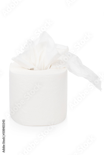 a roll of toilet paper on a white isolated background pieces of toilet paper sticking out of the roll