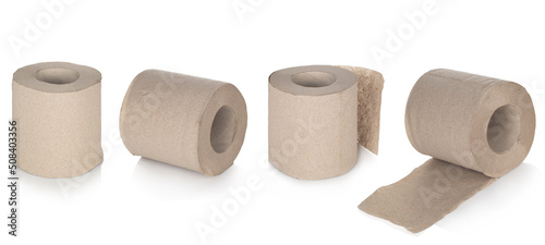 set of four 4 rolls of recycled toilet paper isolated on white background