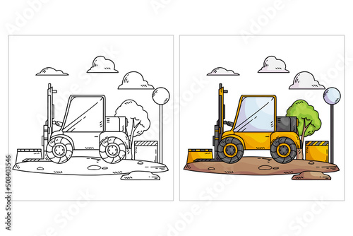 Hand drawn cute Construction Vehicle for coloring page (forklift)