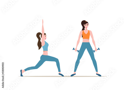 People do sport exercises, vector illustration set. Cartoon young man woman sportive characters in sportswear training with dumbbells, healthy fitness sports workout 