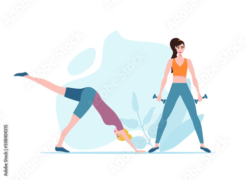 People do sport exercises, vector illustration set. Cartoon young man woman sportive characters in sportswear training with dumbbells, healthy fitness sports workout 