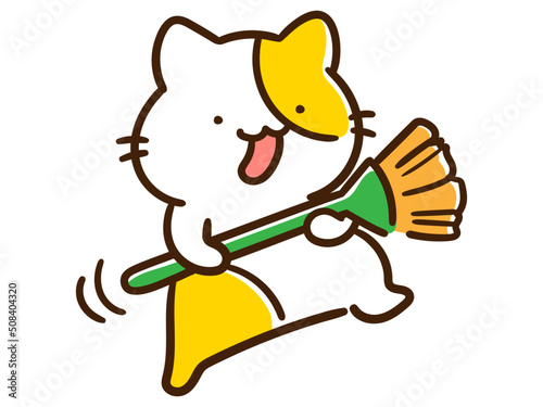 ホウキで遊ぶかわいいねこのデフォルメ手書きイラスト
