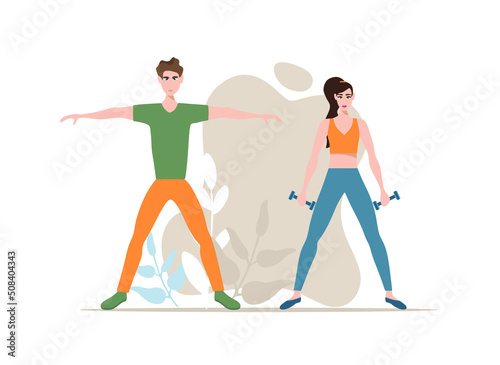 People do sport exercises, vector illustration set. Cartoon young man woman sportive characters in sportswear training with dumbbells, healthy fitness sports workout 