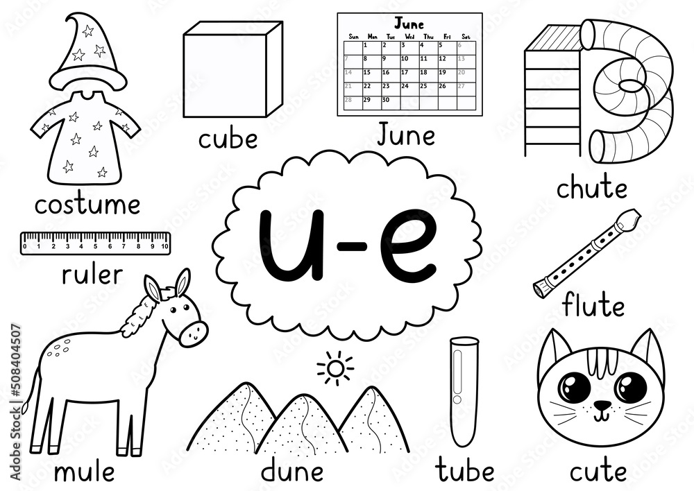 Ue digraph spelling rule black and white educational poster for kids