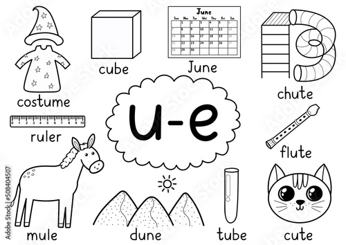 U-e digraph spelling rule black and white educational poster for kids with words. Learning u-e phonics for school and preschool. Phonetic worksheet. Vector illustration