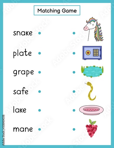 Phonics matching game with a-e spelling rule. Match the phonics sound words with pictures activity page for kids. Vector illustration