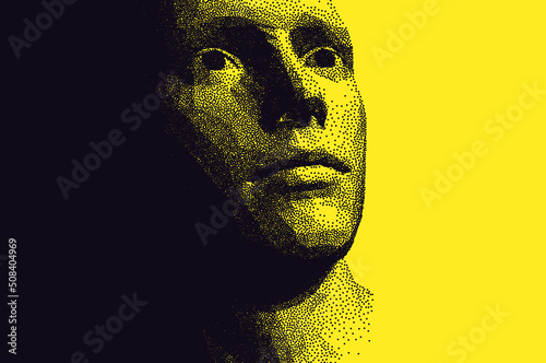 Abstract man head made from dots. Pixel art. Retro style. Time to think. Giving it a little thought. Minimalistic design for business presentations  flyers or posters. 3d vector illustration.