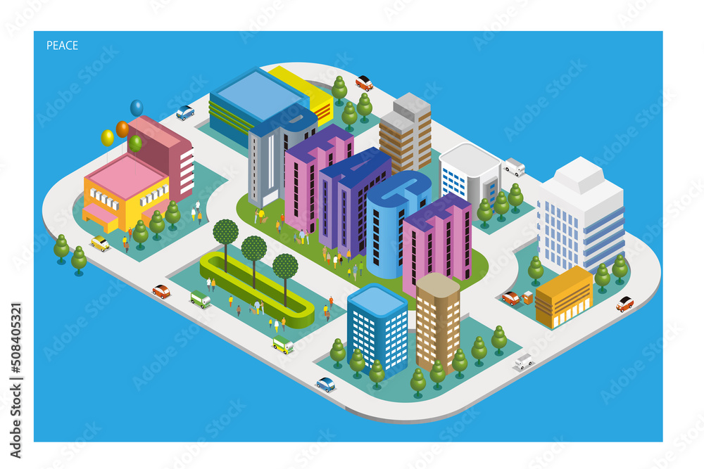 楽しい街並みと暮らしの風景。人々が明るく暮らせる建物と街づくり。アルファベットの可愛いビル。 楽しい街並みと暮らしの風景。人々が明るく暮らせる建物と街づくり。アルファベットの可愛いビル。