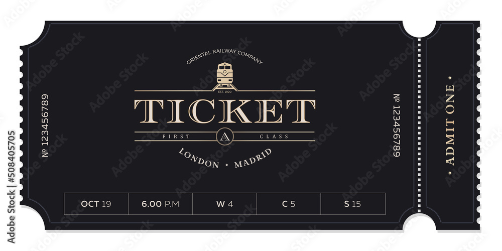Train vintage ticket template on dark background. For excursion routes, retro parties and clubs and other projects. Just add your own text. Vector. can be used for printing. - obrazy, fototapety, plakaty 