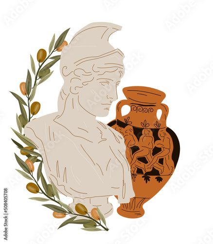 Antique marble statue and amphora vase with olive branches, flat vector isolated on white background. Ancient Greek or Roman culture element for cards and premium products labels.