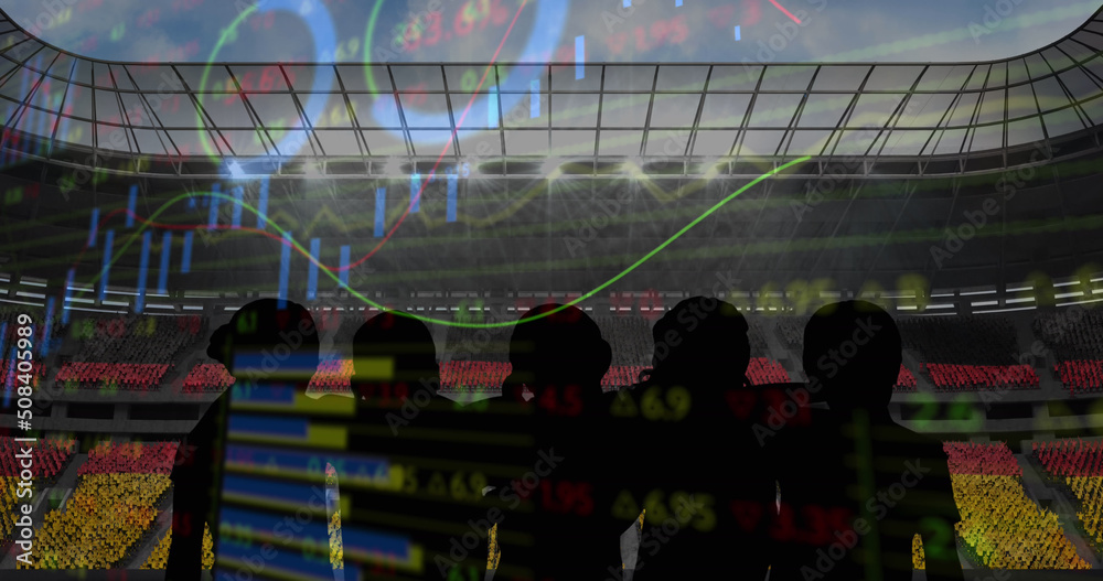 Fototapeta premium Statistical data processing against silhouette of fans cheering and sports stadium in background