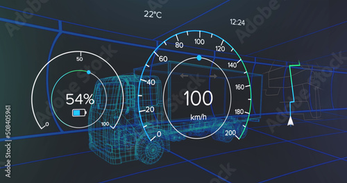 Image of speedometer, gps and charge status data on vehicle interface, over 3d truck model