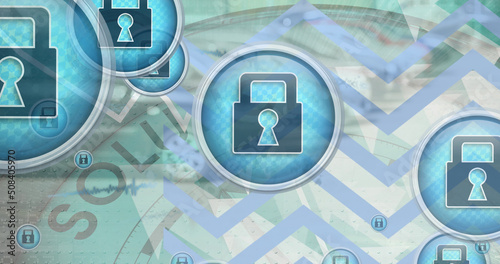 Image of icons with padlock over solution and chevron