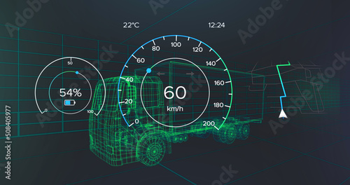 Image of speedometer, gps and charge status data on vehicle interface, over 3d truck model