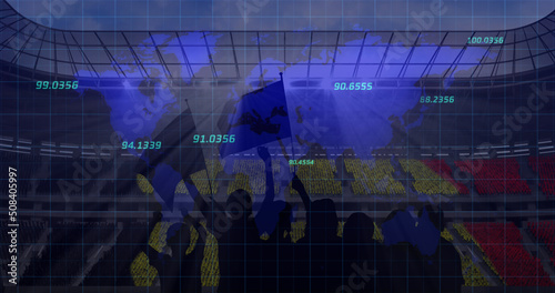 Multiple numbers floating over world map against silhouette of fans and sports stadium in background
