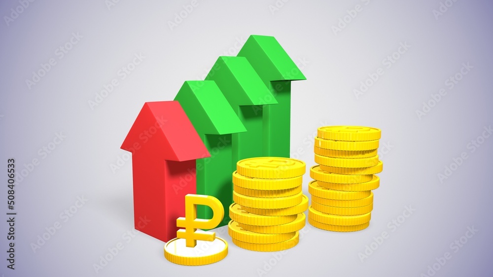 russian ruble coin and sign growth histogram 3d-rendering russian ruble coin and sign growth histogram 3d-rendering