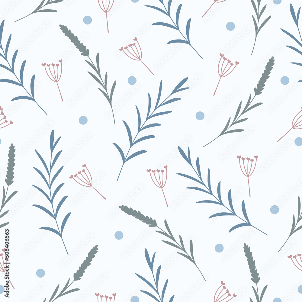 Seamless pattern with hand drawn cute colorful plant elements, twigs, flowers, grass on a light background. Doodle, simple flat illustration. It can be used for decoration of textile, paper.