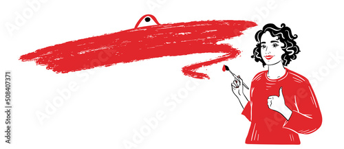 A girl with a brush painted a smear of red paint and shows a thumbs up.Advertising,poster.Vector illustration.