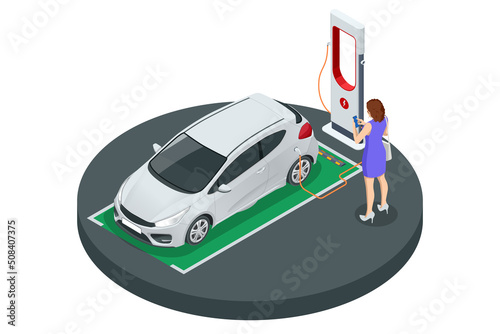 Isometric EV charger station application on mobile. Car charger. Electromobile charging station.