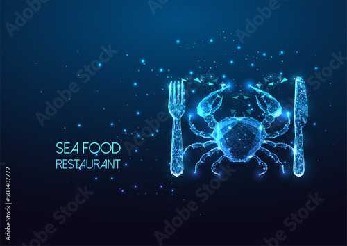 Futuristic seafood restaurant concept with glowing low polygonal crab and cutlery on dark blue 