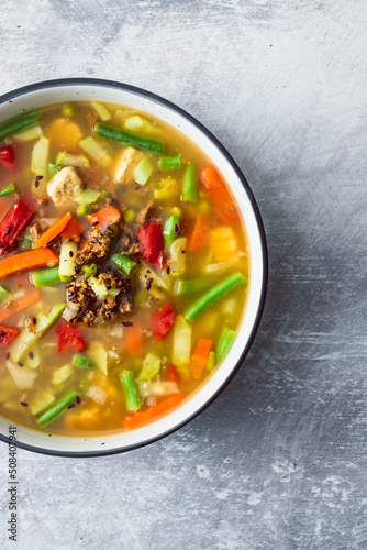 healthy plant-based food, vegan asian vegetable soup with mixed vegtable and soy protein