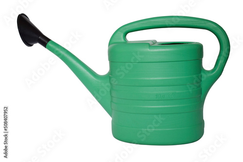 Fotografia Green garden watering can of 10 liters isolated on a white background