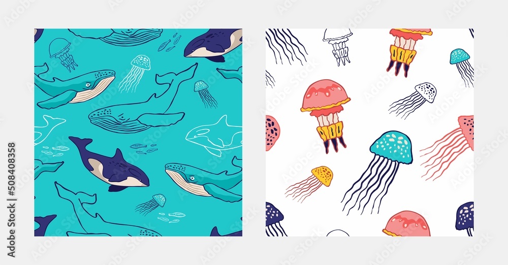 Set of seamless marine patterns with ocean symbols. Collection of backgrounds with underwater animals, dolphins, jellyfish for printing on fabric, wallpaper, wrapping paper. Cute vector illustration