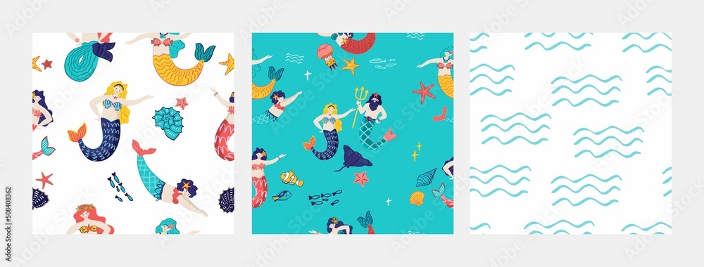 Fototapeta premium set of marine seamless patterns with dancing mermaids, neptune, sea symbols, waves isolated on blue. Collection with Summer backgrounds for print on fabric, wrapping paper. Cartoon vector illustration