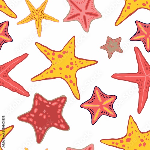 Decorative seamless pattern with red, yellow starfish isolated on white. Background with underwater silhouettes animals for printing on fabric, wallpaper, wrapping paper. Cartoon vector illustration