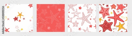 Set of seamless pattern with red, yellow starfish isolated on white, red. Backgrounds with underwater silhouettes animals for print on fabric, wallpaper, wrapping paper. Cartoon vector illustration