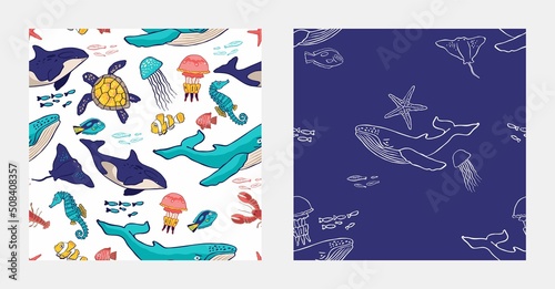 Set of marine seamless patterns with animals, fishes isolated on white. Collection of background with turtles, whale, shark, dolphin, jellyfish for print on fabric, wrapping paper. Vector illustration
