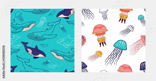 Set of seamless marine patterns with ocean symbols. Collection of backgrounds with underwater animals, dolphins, jellyfish for printing on fabric, wallpaper, wrapping paper. Cute vector illustration