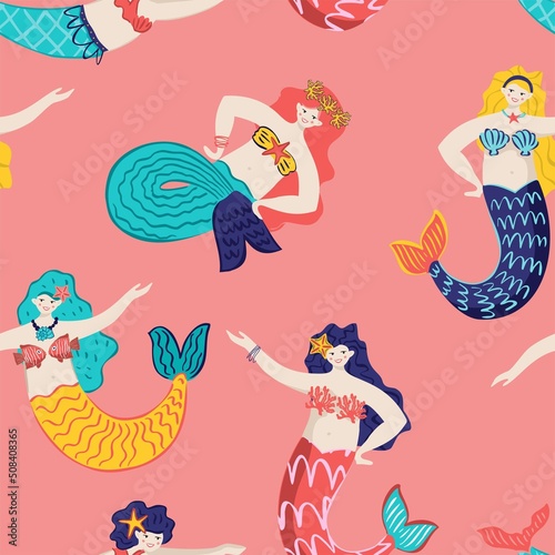 Decorative seamless pattern with mermaids  corals  shells  fish isolated on blue. Marine background with underwater symbols  elements for textile design  wrapping paper  wallpaper. Vector illustration