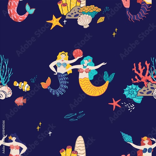 Decorative seamless pattern with mermaids, corals, shells, fish isolated on blue. Marine background with underwater symbols, elements for textile design, wrapping paper, wallpaper. Vector illustration