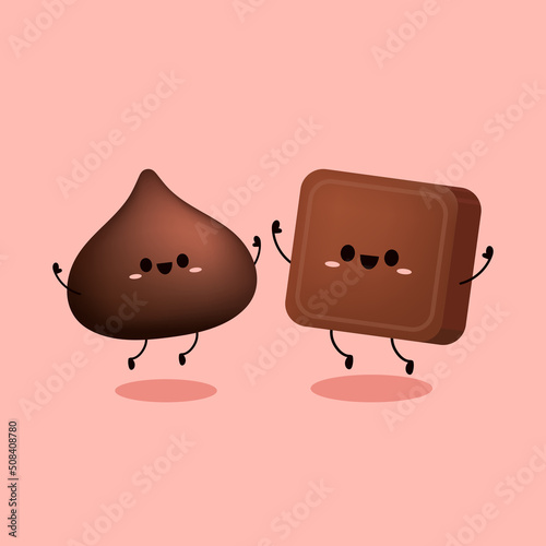 Cute and funny chocolate bar character. Chocolate mascot. Dark chocolate chip.