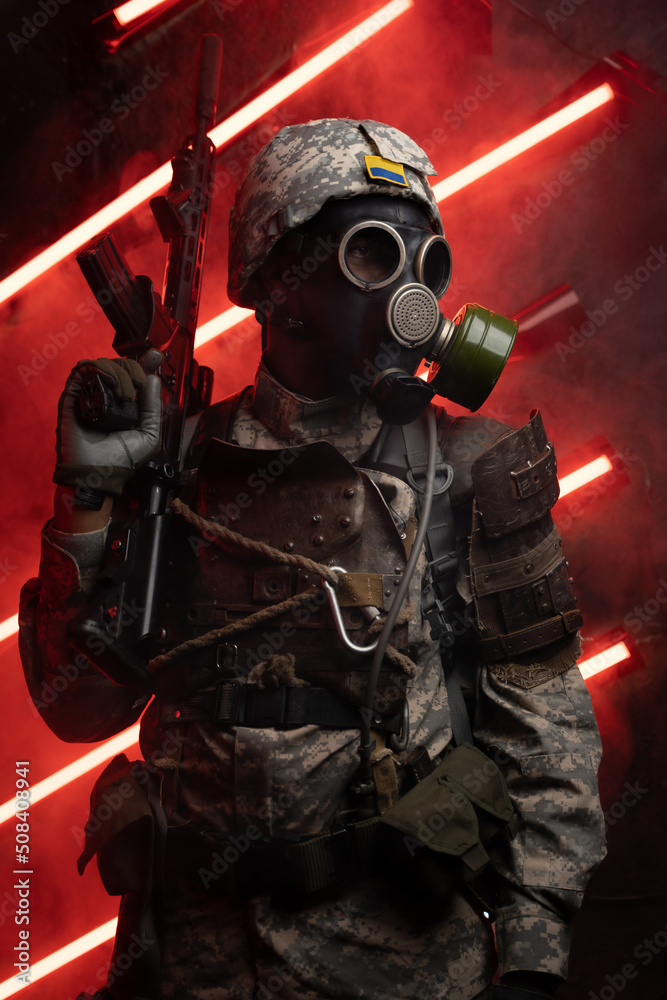 Art of soldier dressed in armor and gas mask against red background with  smoke and neon. Stock Photo | Adobe Stock
