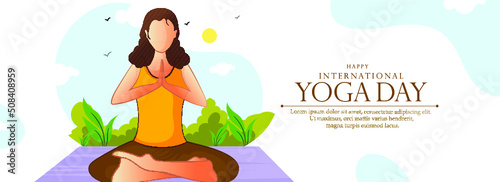 crivative design of International Yoga Day banner With Young Lady Practicing Pose On White Background.