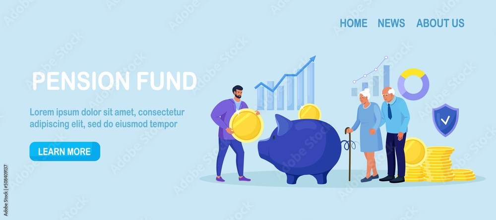Pension Fund. Long-term Capital Investment. Elderly Husband and Wife are Standing Near Big Piggy Bank and Stack of Money. Pensioners Invest Money. Pension Savings, Insurance and Funded Pension. Vector