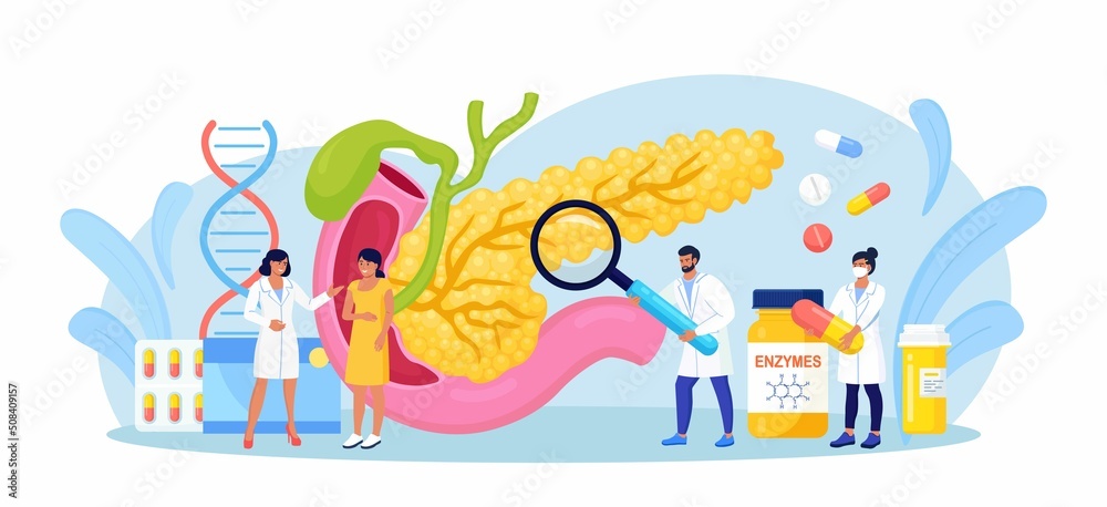 Pancreatitis concept. Gastroenterologist diagnose pancreas inflammation. Doctor examine patient. Digestive system disease treatment. Internal organs cancer. Vector design