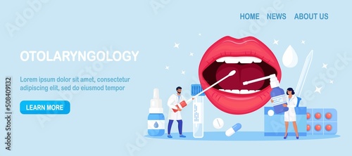 Otolaryngology. ENT treating diseases throat and neck. Otolaryngologist examines patient. Doctor prescribes medications for girl with sore throat. Inflamed tonsils, bacterial and viral infection.