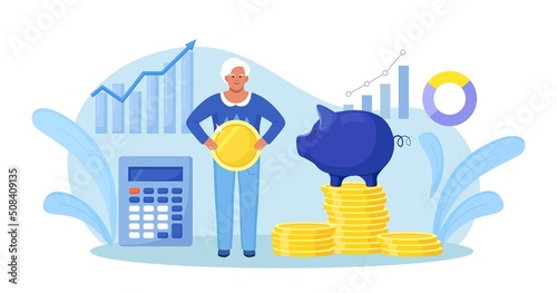Elderly woman standing near stack of money, piggy bank holding gold coin. Grandmother pensioner keeping cash in bank deposit account. Pension savings investment in retirement mutual fund Vector design