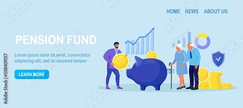Pension Fund. Long-term Capital Investment. Elderly Husband and Wife are Standing Near Big Piggy Bank and Stack of Money. Pensioners Invest Money. Pension Savings, Insurance and Funded Pension. Vector
