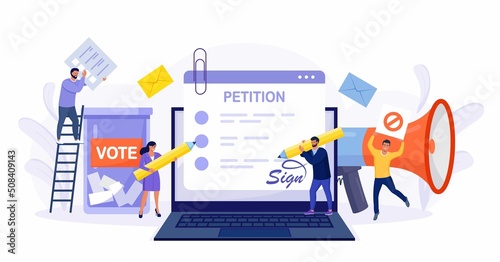 Petition form on laptop screen. People signing and spreading petition or complaint. Online balloting, making choice. Paper, democracy. Collective public appeal document addressed to government. Vector