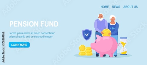 Elderly husband and wife throwing coins into piggy bank. Pensioners couple keeping money in bank deposit account. Pension savings investment in retirement mutual fund. Retirement, family budget