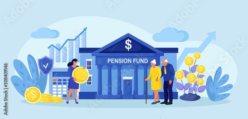 Elderly husband and wife standing near bank building, financial institute. Retirement investments in pension fund. Retirement budget development, contribution in pension account. Pensioners earnings